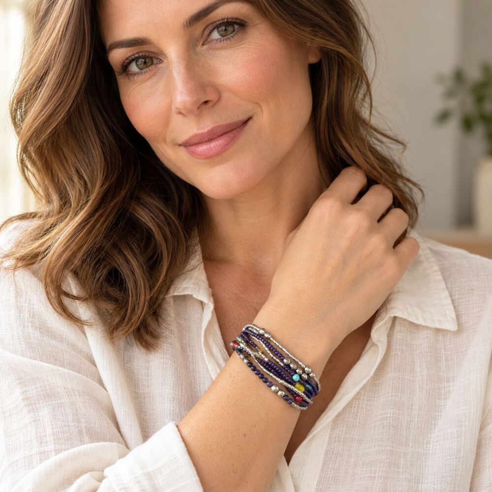 J. Jill Purple Silver Multi Strand Beaded Bracelet Boho Stretch Charm Artisan